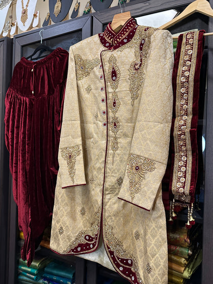 38” Medium size Men’s Kurta Indian Gold & Maroon Sherwani Bollywood outfit M12