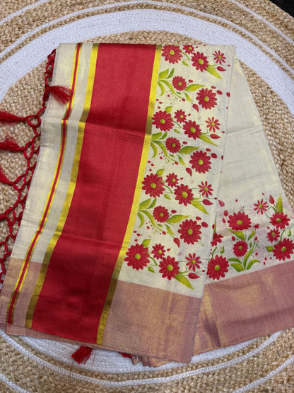 Orange Kerala Vishu Sari Indian Cream Tissue hand Printed Onam Saree C16