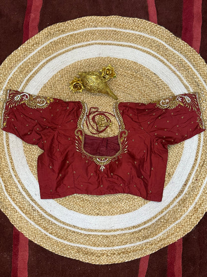 40” Size 10 Aari Worked Sari Blouse Indian Saree Top Silk Maroon B72