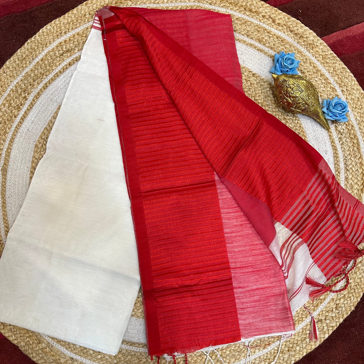 Red & Green Soft Cotton Linen Sari Indian Saree with temple border C1