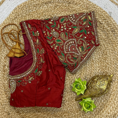 38” M Size 8 Aari Worked Sari Blouse Indian Saree Top Red B301