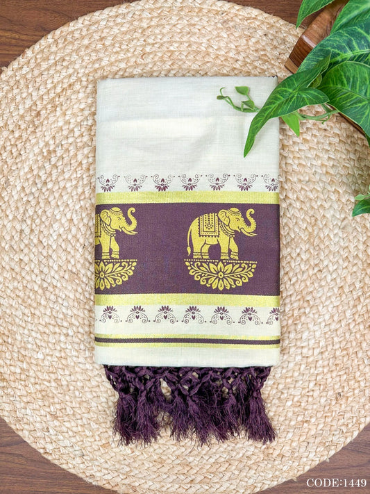 Brown Elephant Kerala Vishu Sari Indian Cream Tissue Saree C7