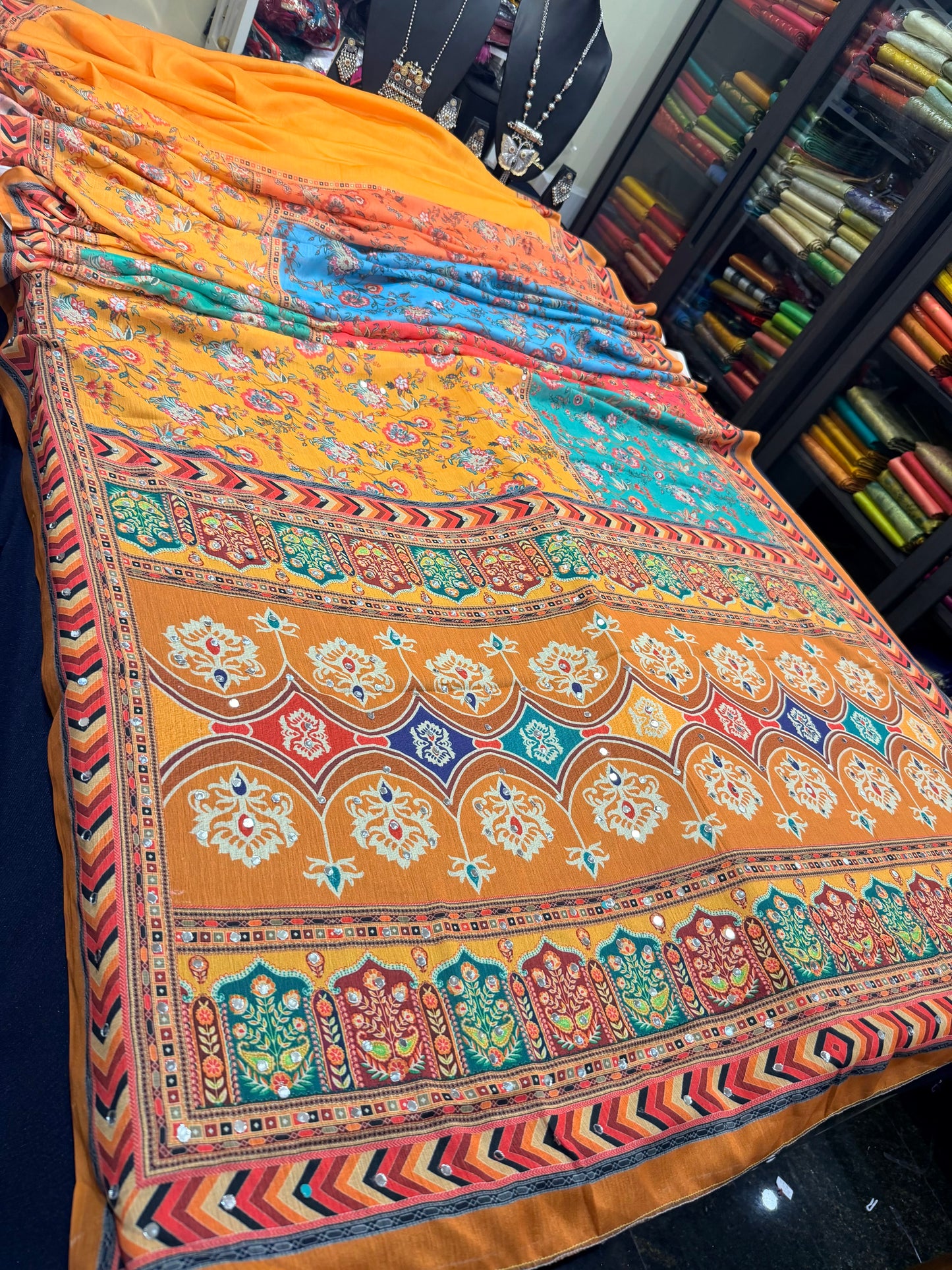 Multi coloured Mirror Worked Masakali Sari Indian Fancy Saree C3