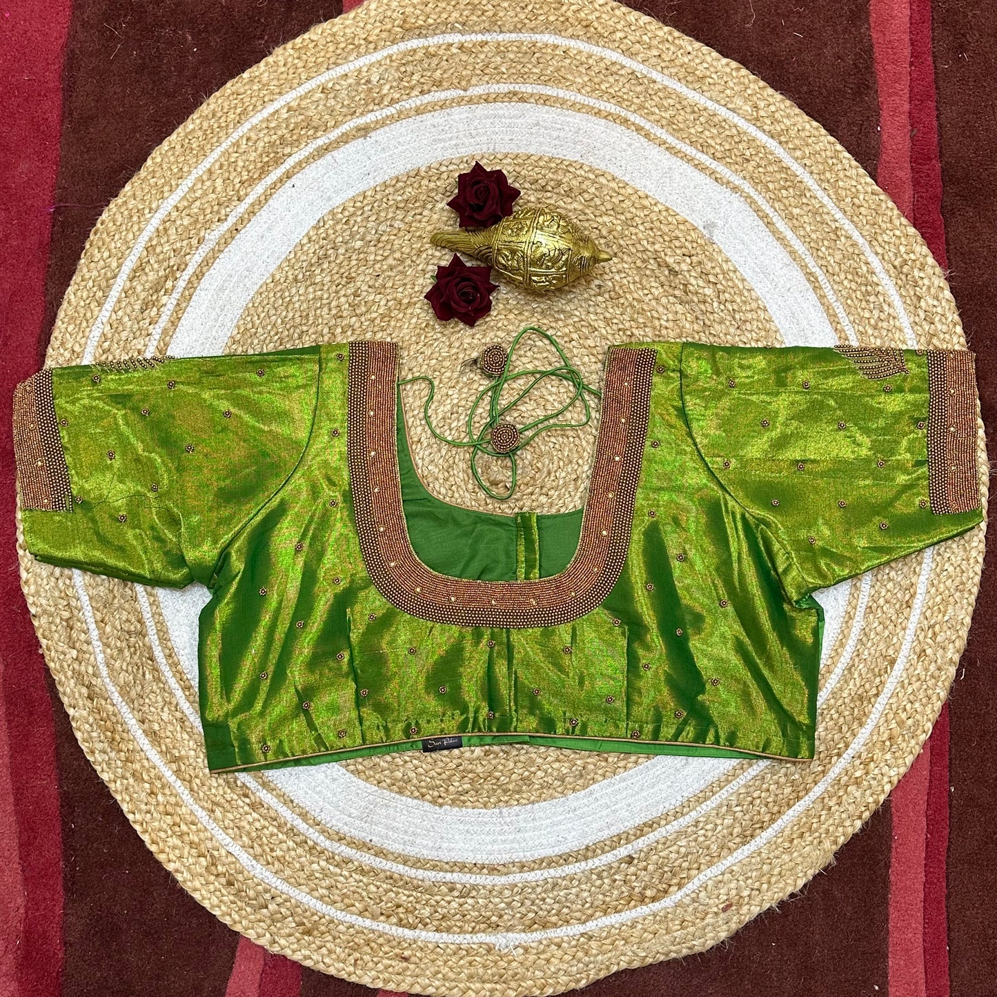 50” Size 20 Aari Sari Blouse Indian Saree Top Silk Metallic Green B243