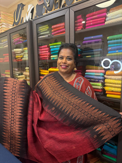 Silk Cotton Linen Sari Indian Saree Copper Jari Maroon Black S129