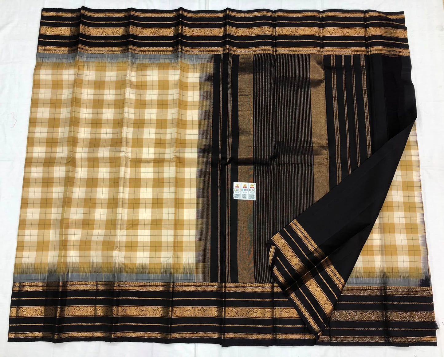 Vintage Kanchipuram Pure Silk Saree Indian Checkered Kanjivaram Sari SPK324