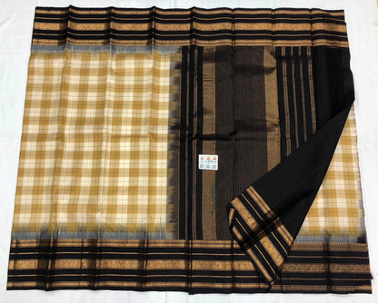 Vintage Kanchipuram Pure Silk Saree Indian Checkered Kanjivaram Sari SPK324