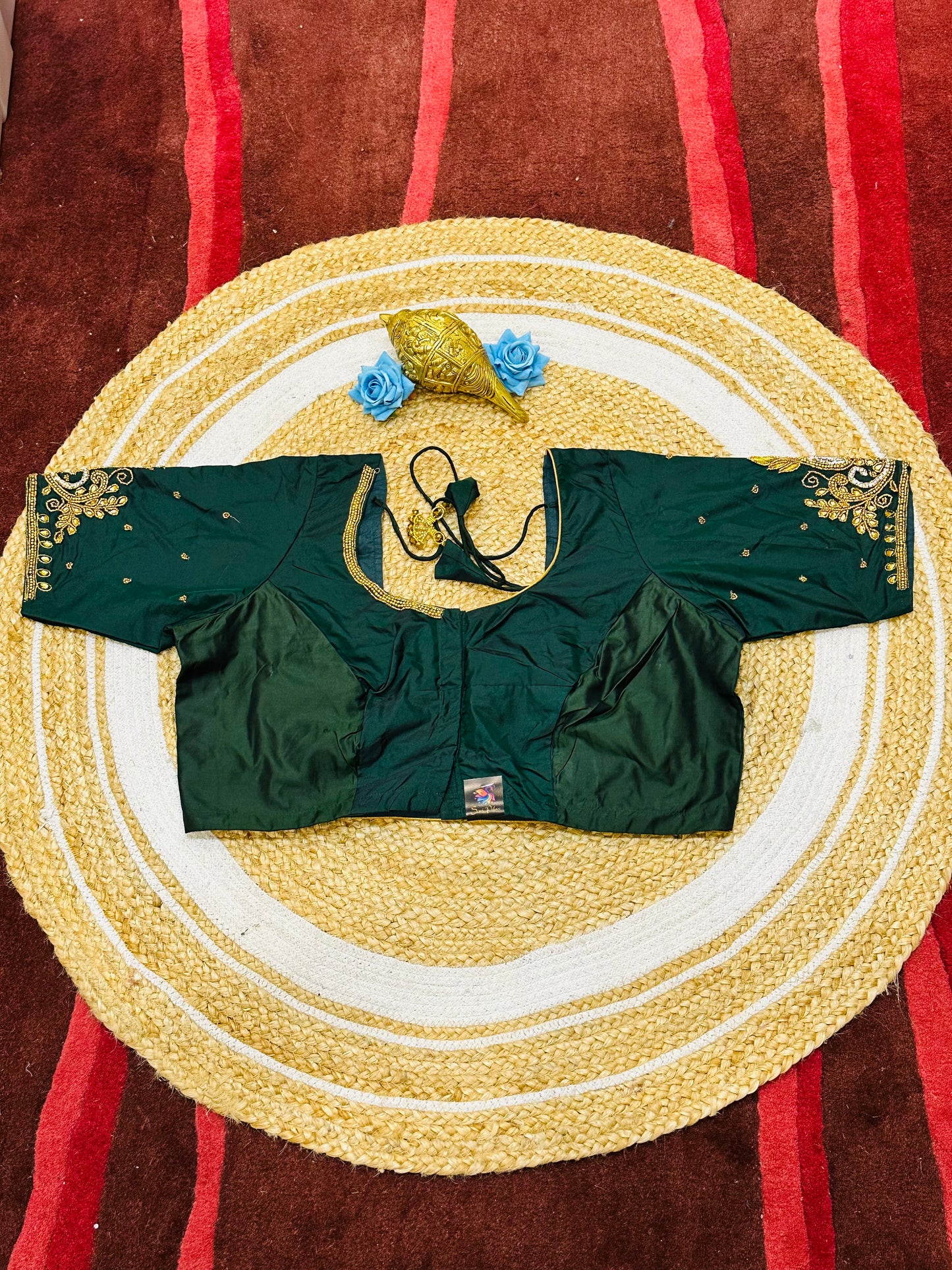 46” Size 16 Aari Worked Sari Blouse Indian Saree Top Silk Bottle Green B187