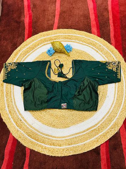46” Size 16 Aari Worked Sari Blouse Indian Saree Top Silk Bottle Green B187