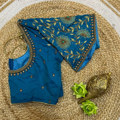 38” M Size 8 Aari Worked Sari Blouse Indian Saree Top Blue B276