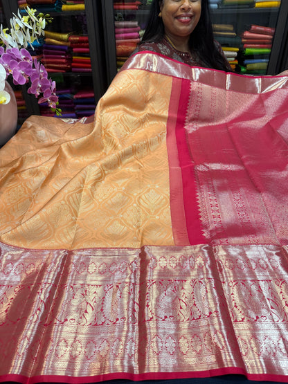 Bridal Kanchipuram Peach Pink Pure Silk Saree Kanjivaram Sari SPK420