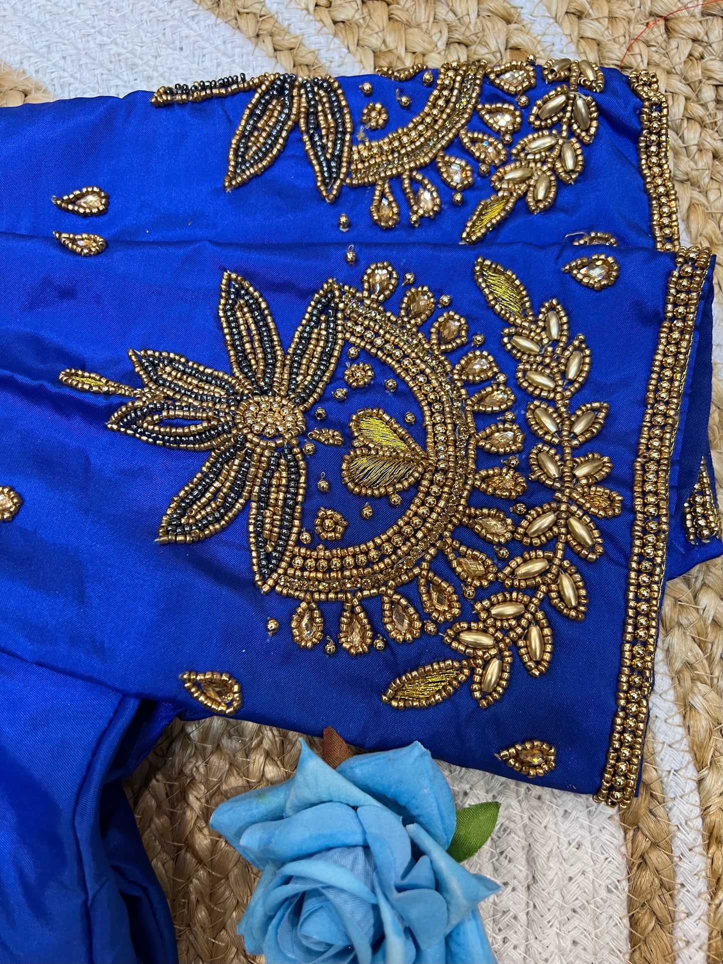 40” Aari hand Worked Sari Blouse Indian Top Choli Silk Royal Blue B34