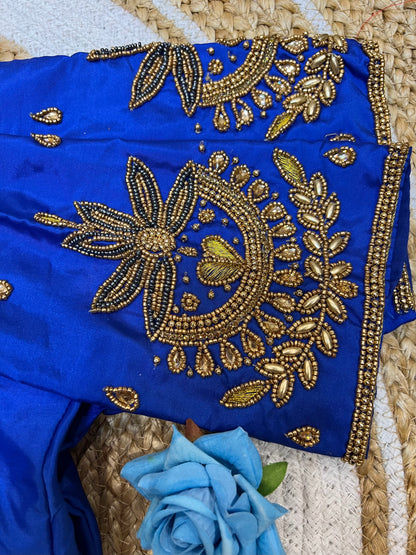 40” Aari hand Worked Sari Blouse Indian Top Choli Silk Royal Blue B34