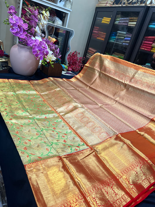 Bridal Tissue Kanchipuram Pure Silk Saree Gold & Red Kanjivaram Sari| SPK115