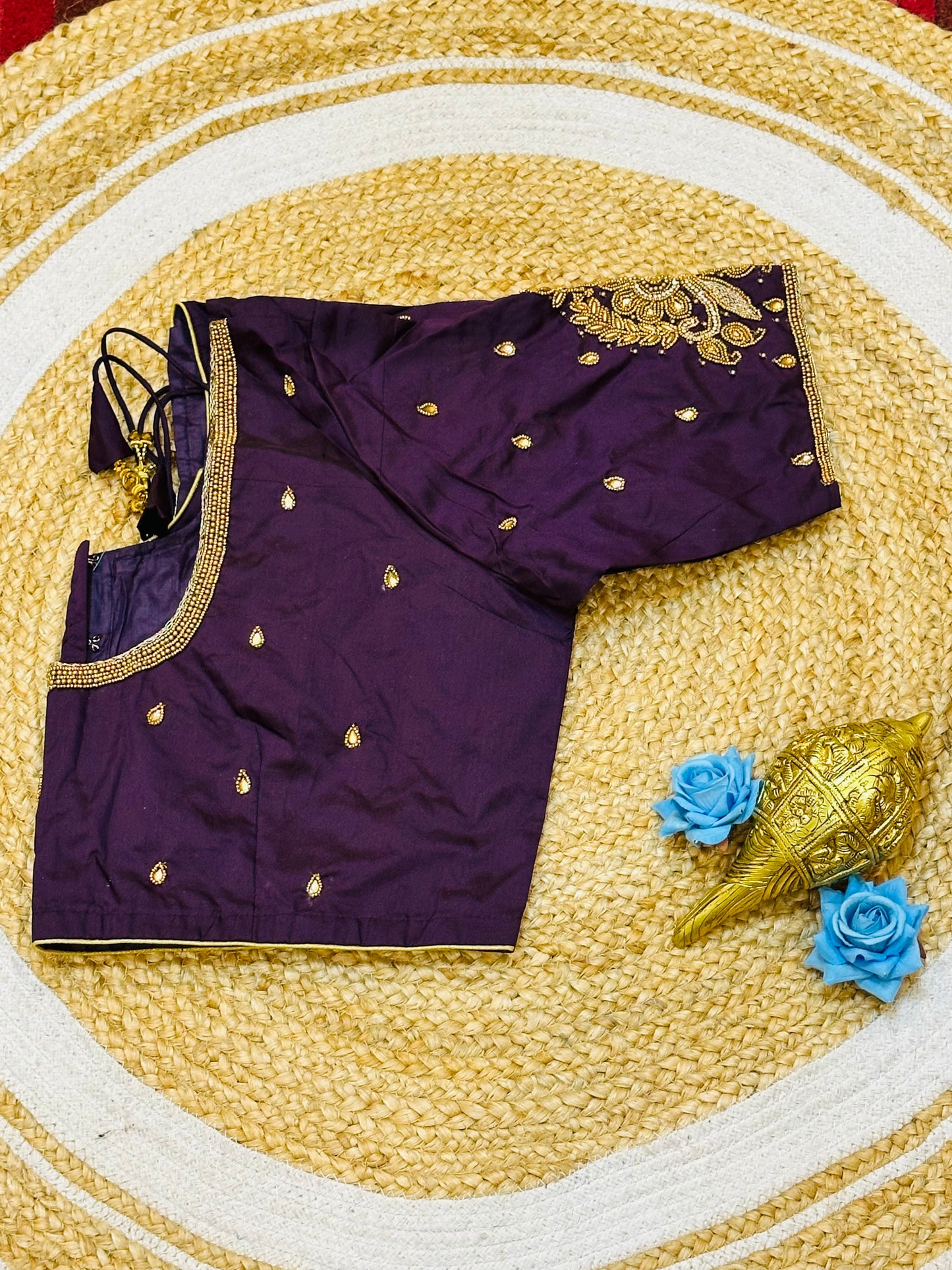 46” Size 16 Aari Worked Sari Blouse Indian Saree Top Silk Wine B189