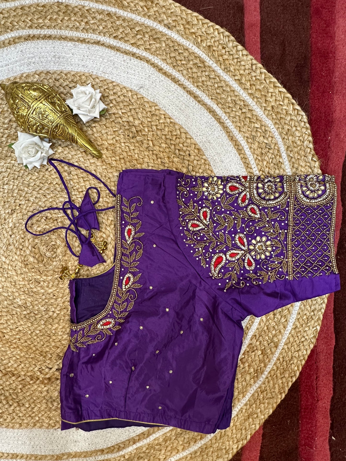 50” Size 20 Aari Worked Sari Blouse Indian Saree Top Silk purple B56