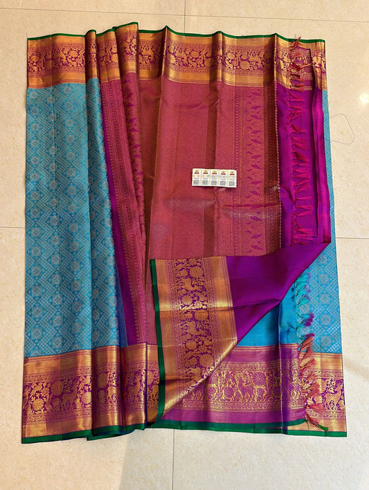 1g Gold Kanchipuram Pure Silk Saree Blue Pink Kanjivaram Sari| SPK