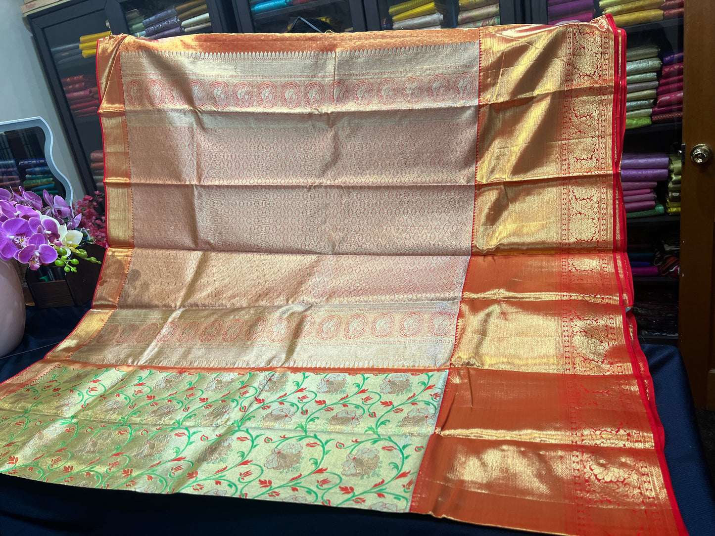 Bridal Tissue Kanchipuram Pure Silk Saree Gold & Red Kanjivaram Sari| SPK115