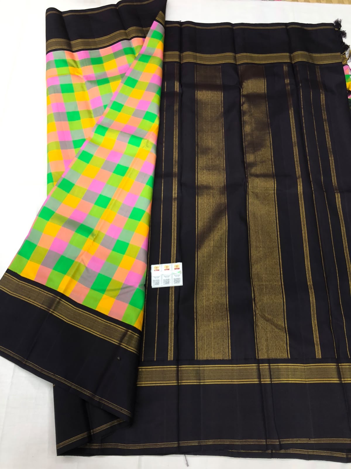 Vintage Kanchipuram Pure Silk Saree Indian Checkered Kanjivaram Sari SPK326
