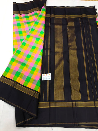 Vintage Kanchipuram Pure Silk Saree Indian Checkered Kanjivaram Sari SPK326