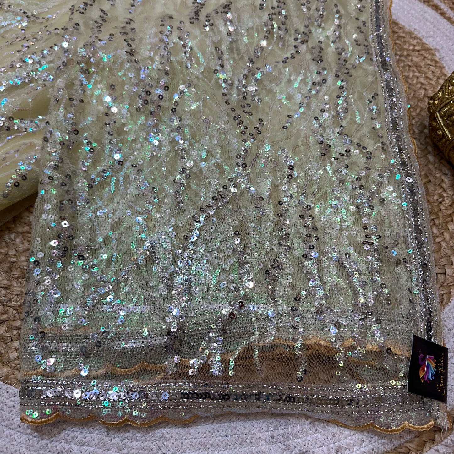 Net Sari Indian Bollywood Sequins Designer Fancy Party wear Saree Yellow Z2