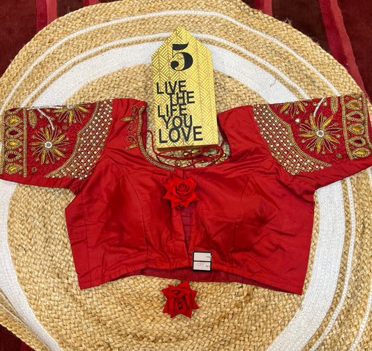 40” Bridal Aari hand Worked Sari Blouse Indian Top Choli Silk Red B40