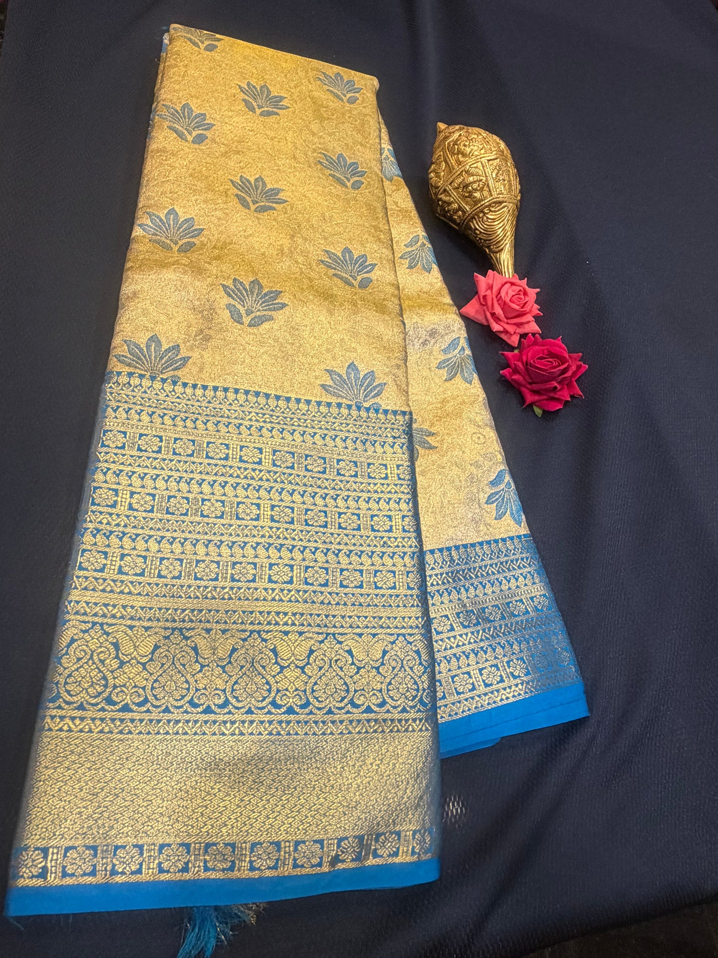 Kanchipuram Tissue Bridal Pure Silk Saree with Gold Zari Blue & Gold Sari| SPK095