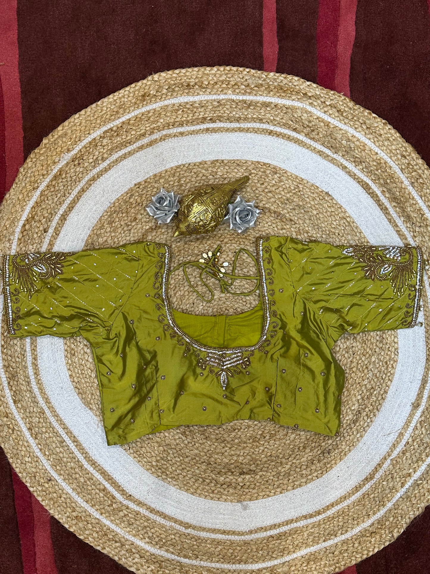 38” M Size 8 Aari Worked Sari Blouse Indian Saree Top Mehendi Green B178