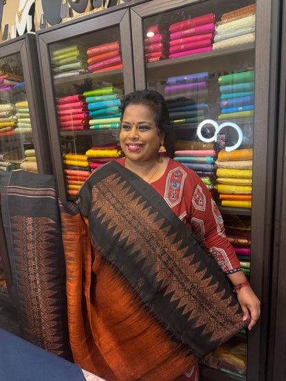 Silk Cotton Linen Sari Indian Saree Copper Jari Green Black S128