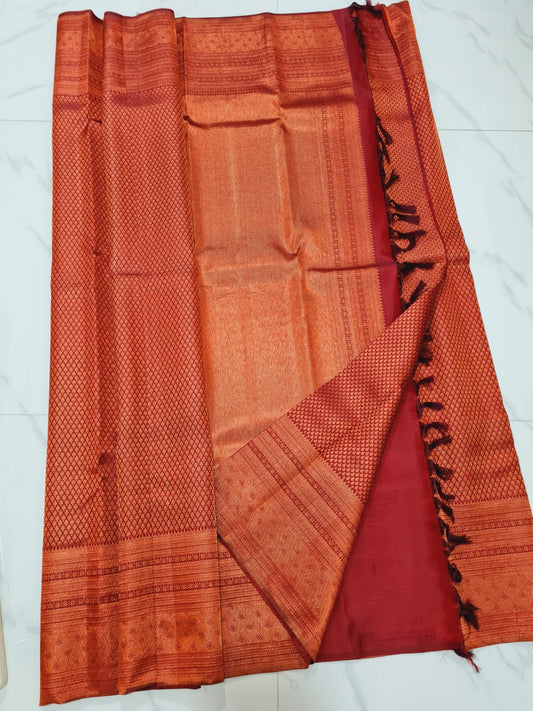 Kerala style Kanchipuram Pure Silk Saree Maroon & Copper Kanjivaram Sari| SPK116