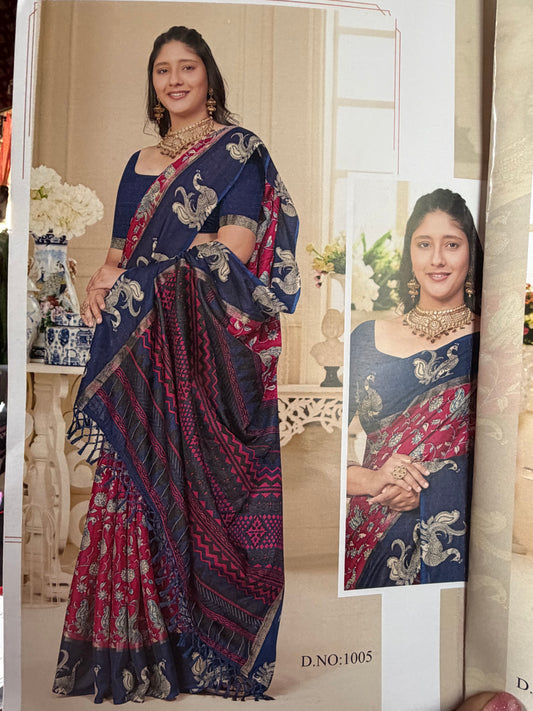 Indian Crape Silk Saree Kalamkari Printed Sari S150