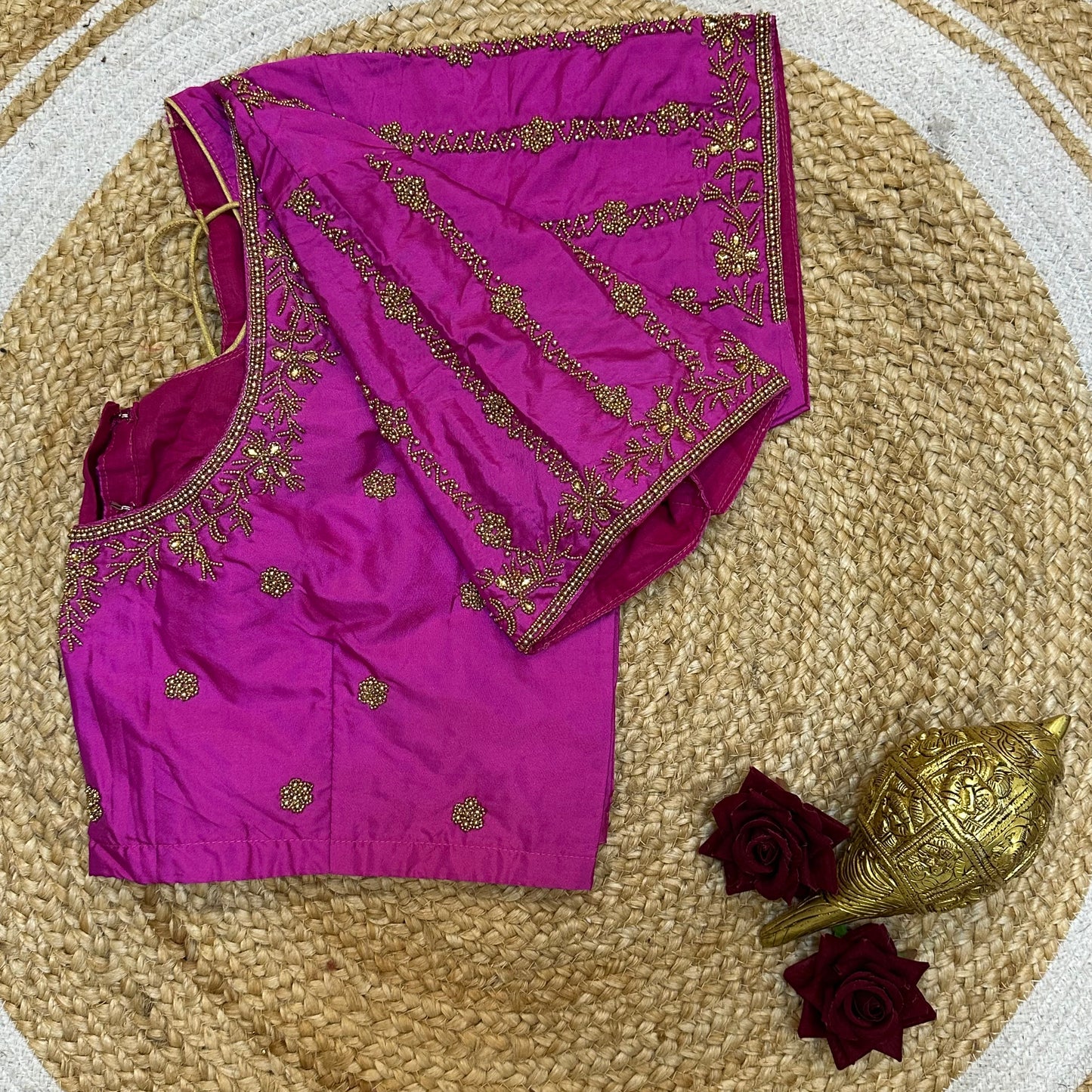 44” Size 14 Aari Worked Sari Blouse Indian Saree Top Silk Hot Pink B253