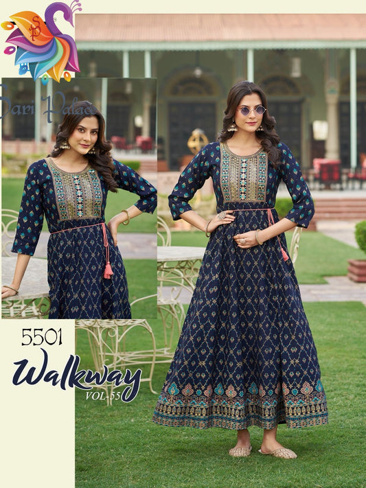 Navy Blue Indian Ladies Rayon Long Kurti Bollywood Dress SS38