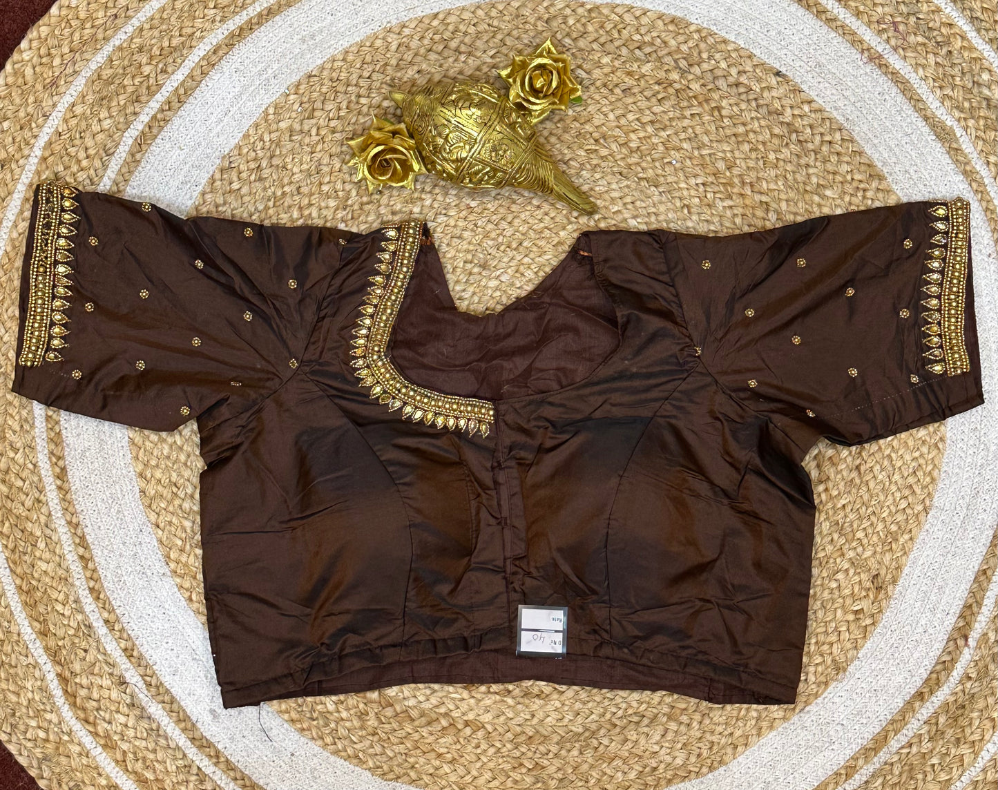 40” Size 10 Aari Worked Sari Blouse Indian Saree Top Silk Brown B70