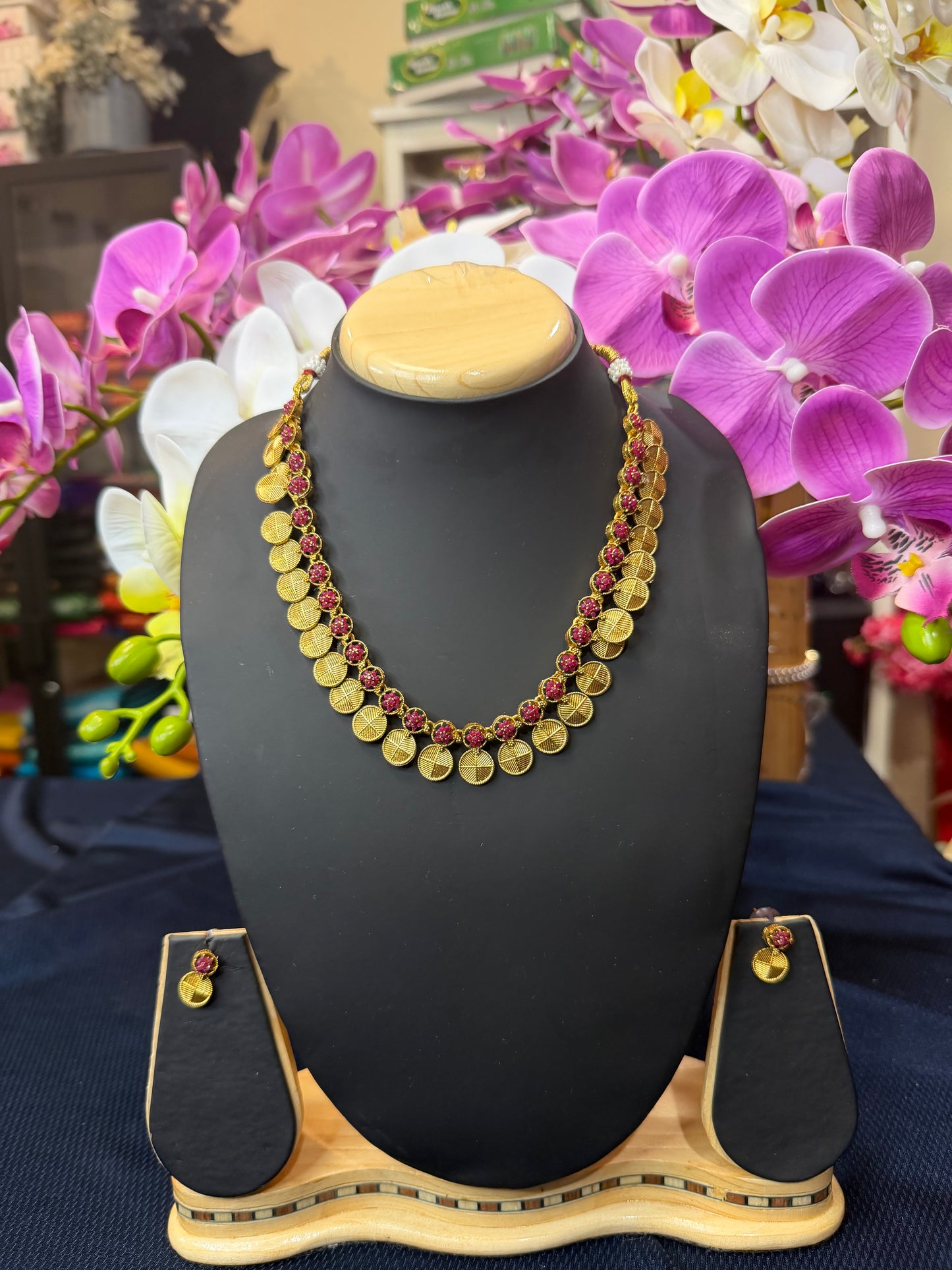 Indian Necklace & Earrings Ruby Pink Addiyal Jewellery Set V4