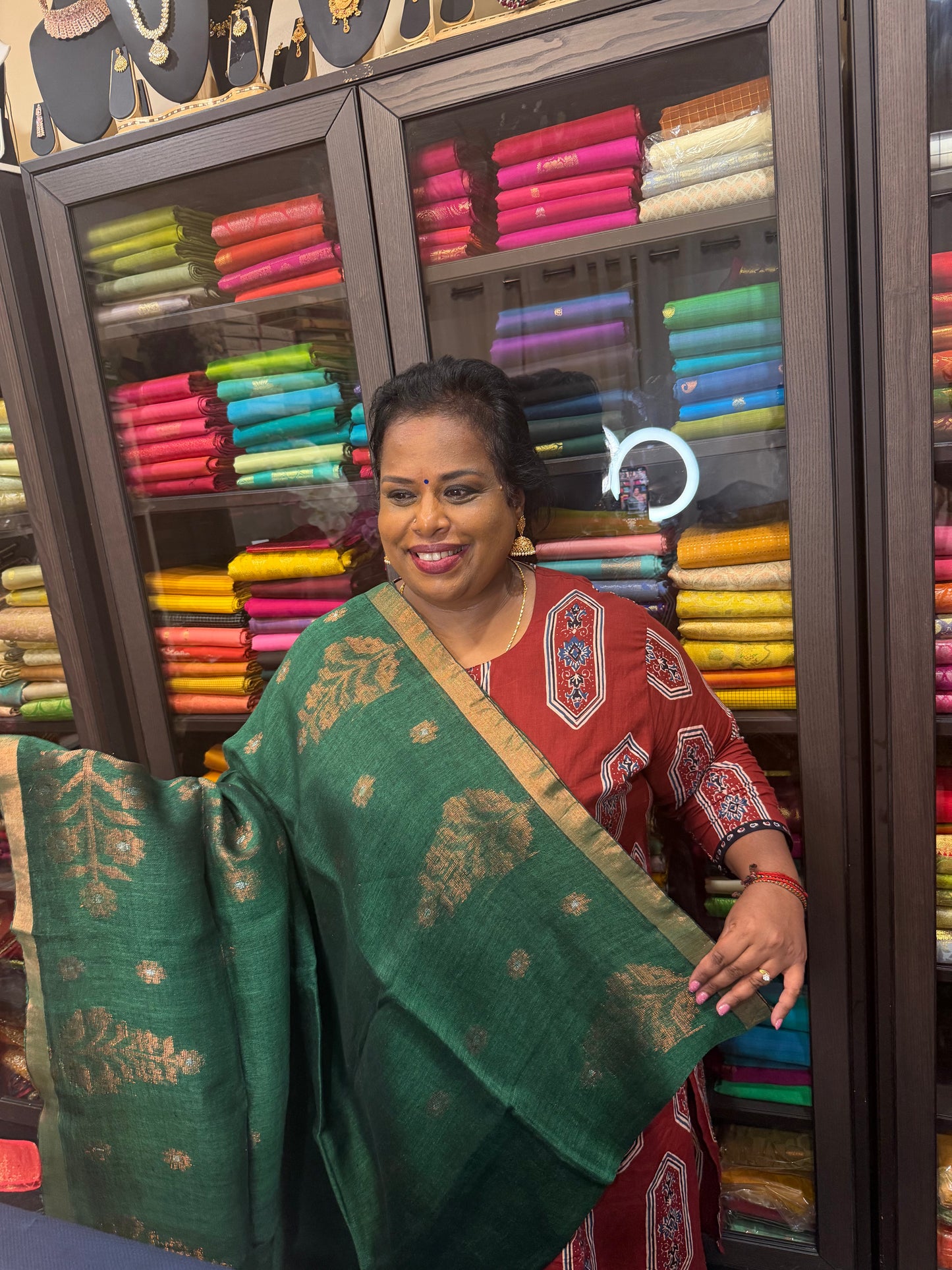 Silk Cotton Linen Sari Indian Saree Copper Jari Green S131