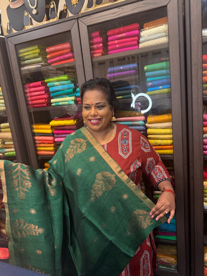 Silk Cotton Linen Sari Indian Saree Copper Jari Green S131