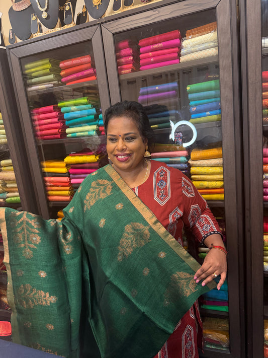Silk Cotton Linen Sari Indian Saree Copper Jari Green S131