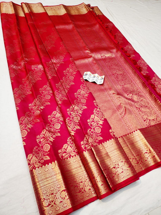 Kanchipuram Pure Silk Saree Bridal Reddish Pink Kanjivaram Sari SPK264