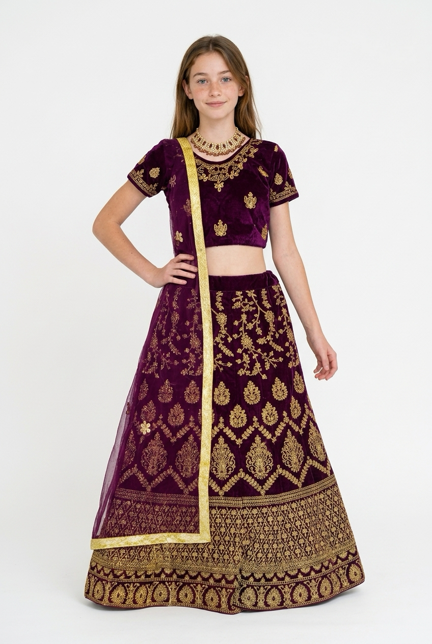 32” Size Age 7 to 9 Wine Indian Lehenga Pavadai Sattai Skirt Top G77 Col 1