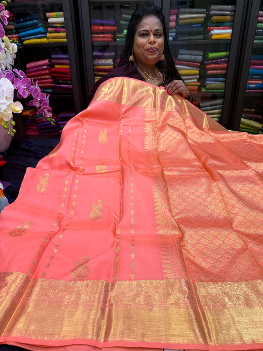 Kanchipuram Pure Silk handloom Saree Indian Kanjivaram Peach Sari SPK364