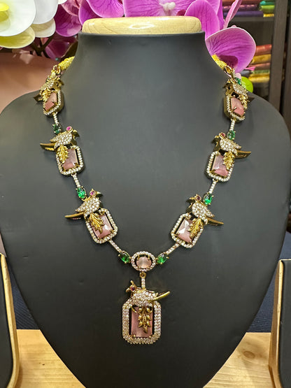 Indian Victorian Polish Peacock Brass Necklace & Earrings Jewellery Set N74