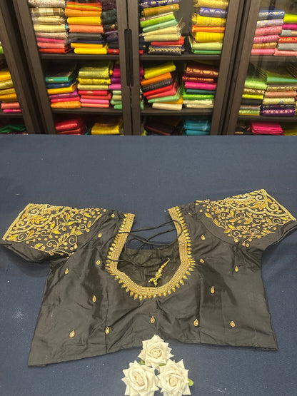 40” Aari hand Worked Sari Blouse Indian Top Choli Silk Black Gold B8