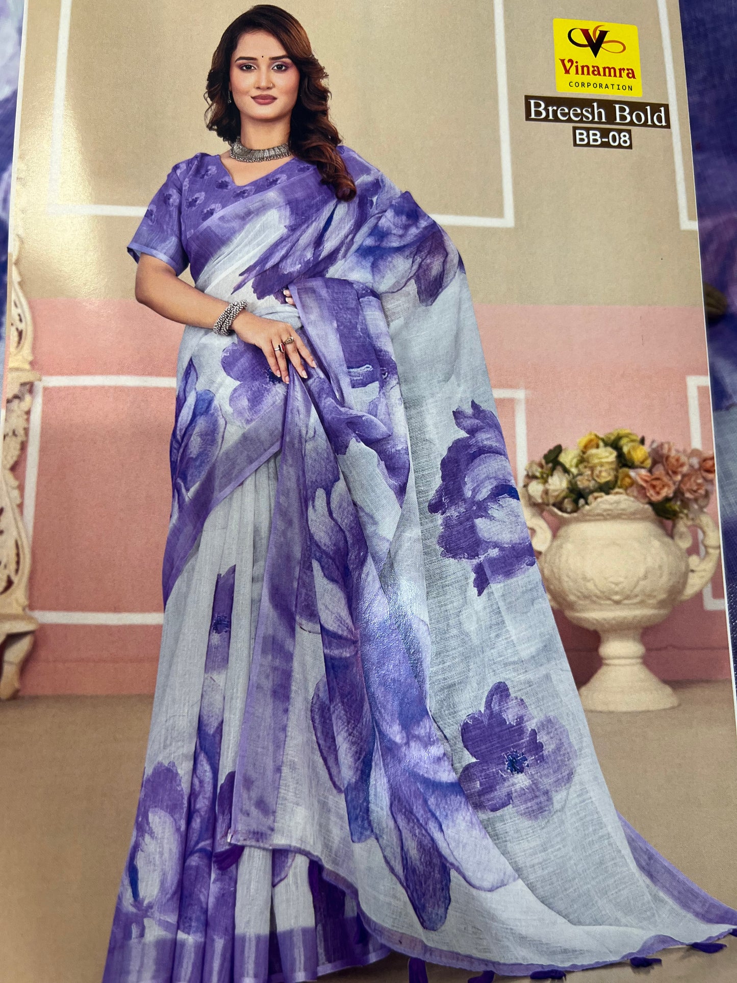 White & Purple Digital Printed Linen Sari Indian casual Saree C5