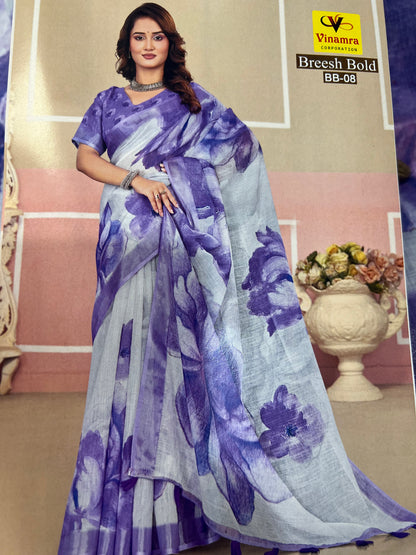 White & Purple Digital Printed Linen Sari Indian casual Saree C5