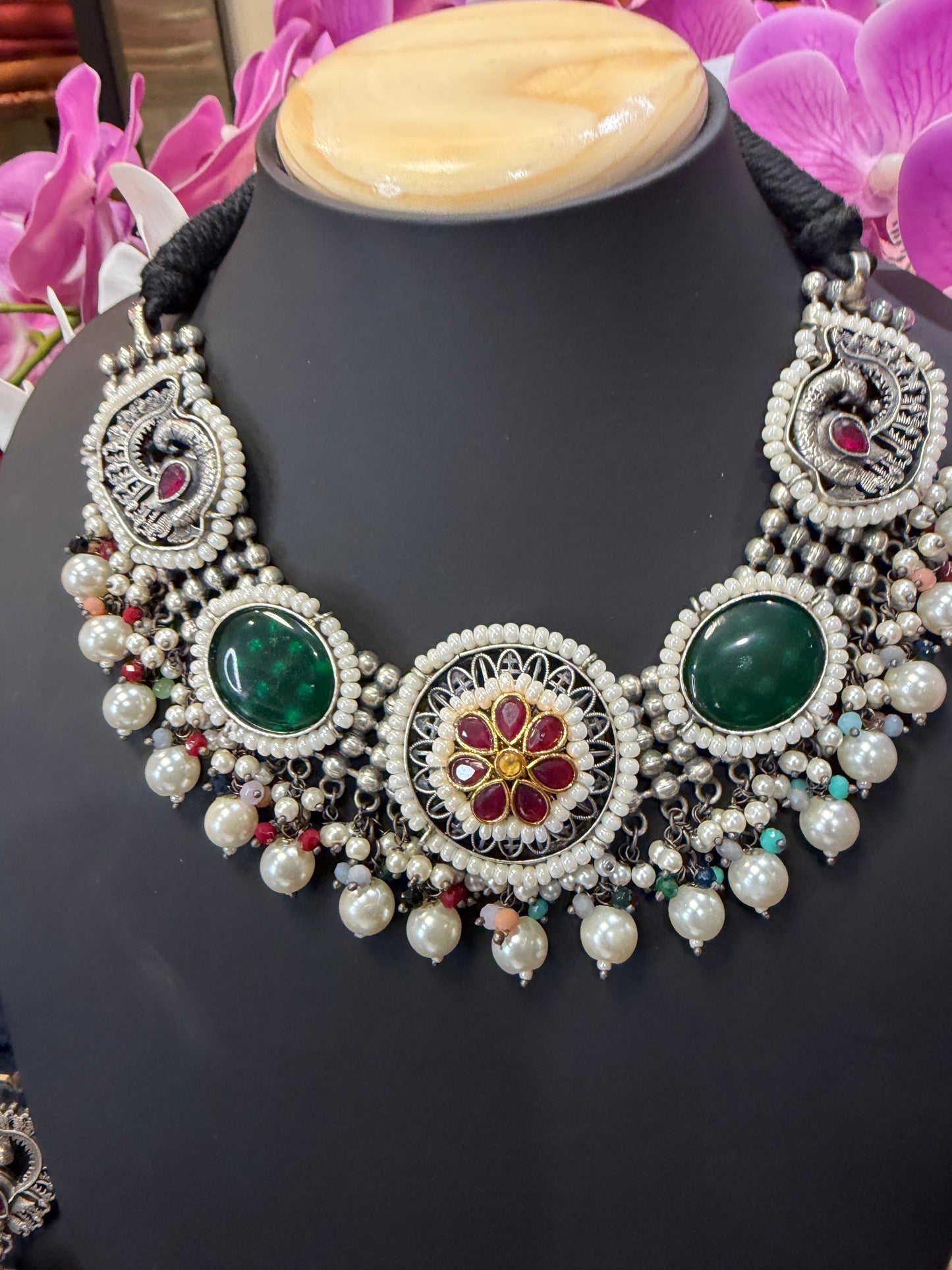 Handmade Brass Necklace with Silver polish Indian Tribal Green Jewellery N92