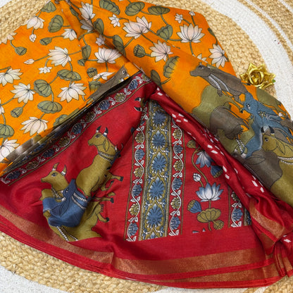 Yellow Indian Casual wear Saree Kalamkari Printed Sari S143