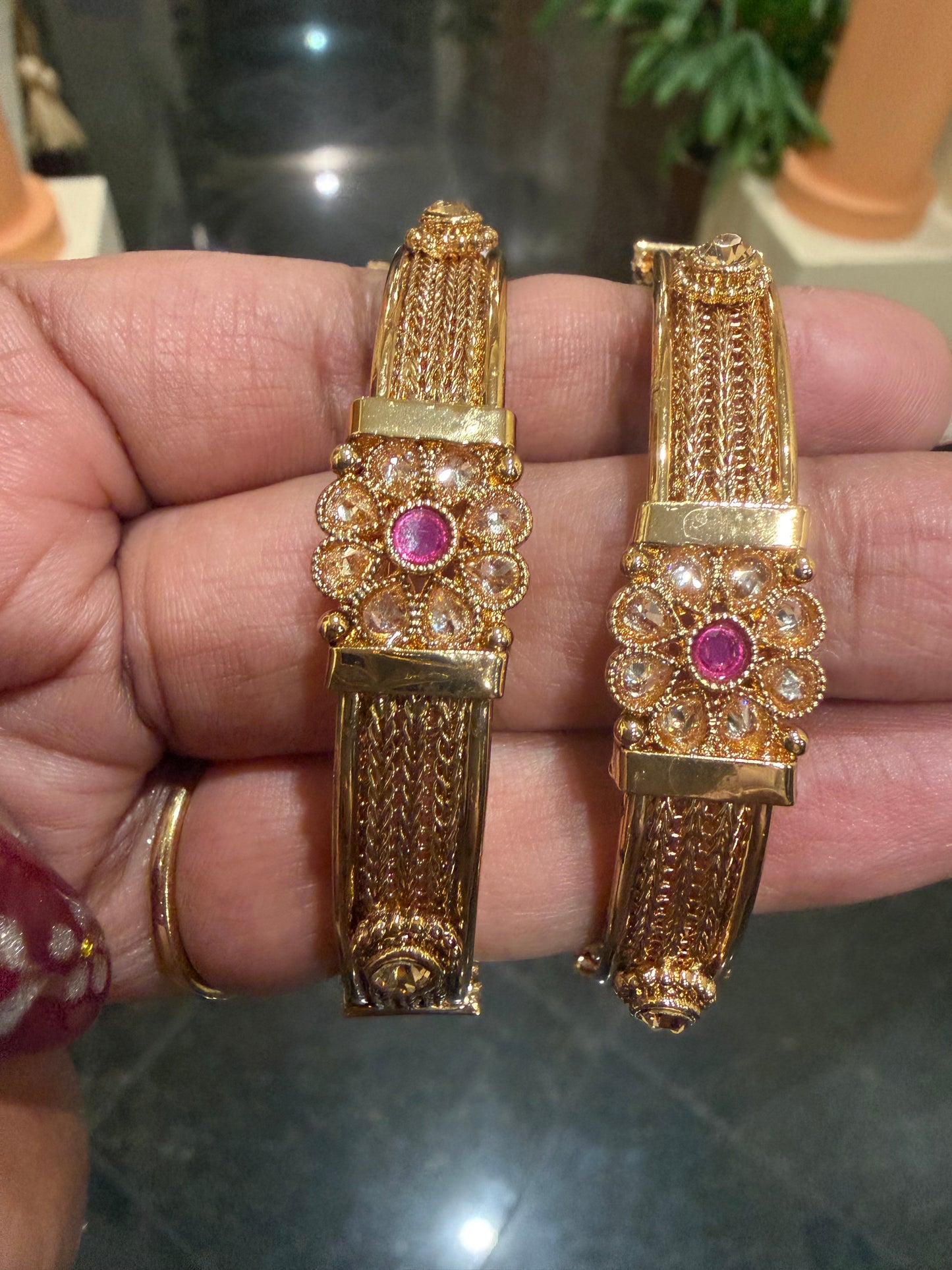 Indian Brass screw Bangles Set Ruby Pink Stones Antique Bracelets B9