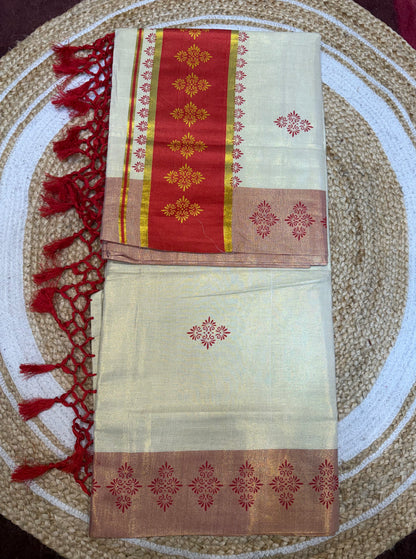 Green Kerala Vishu Sari Indian Cream Tissue Saree C9 - Col 2