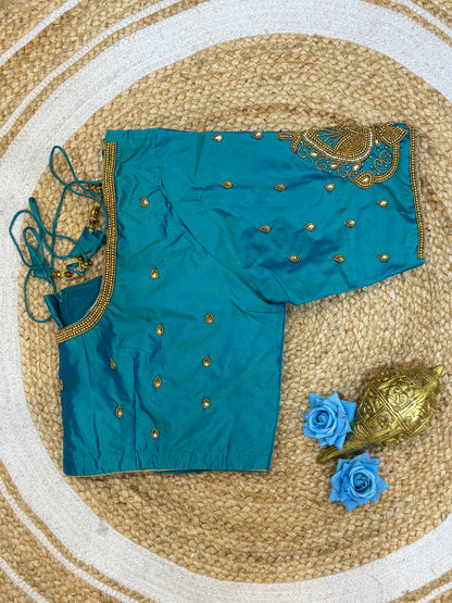 46” Size 16 Aari Worked Sari Blouse Indian Saree Top Silk Blue B228